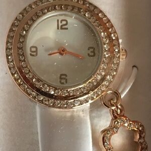 White Patent Leather Watch, Gold Buckle, Crystals & Dangle Charms Never Used NIB
